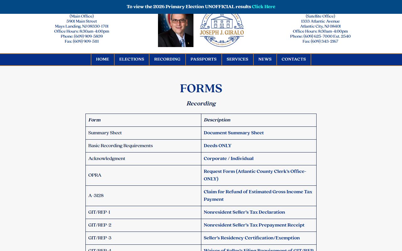 Atlantic County Clerk records recording forms page