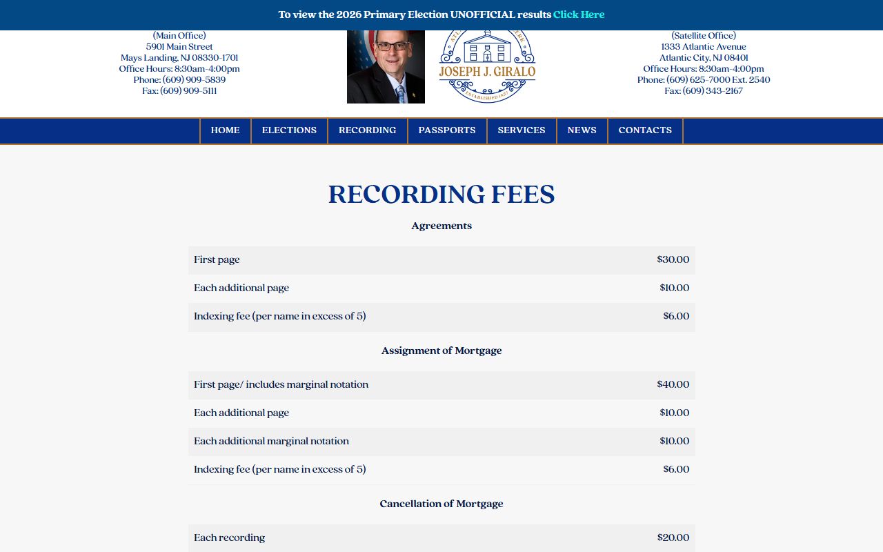 Atlantic County Clerk records recording fee schedule page
