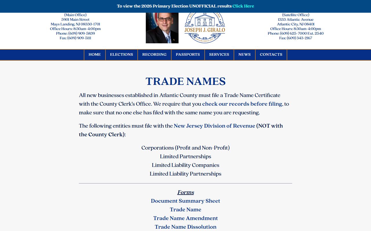 Atlantic County Clerk records trade name filing page