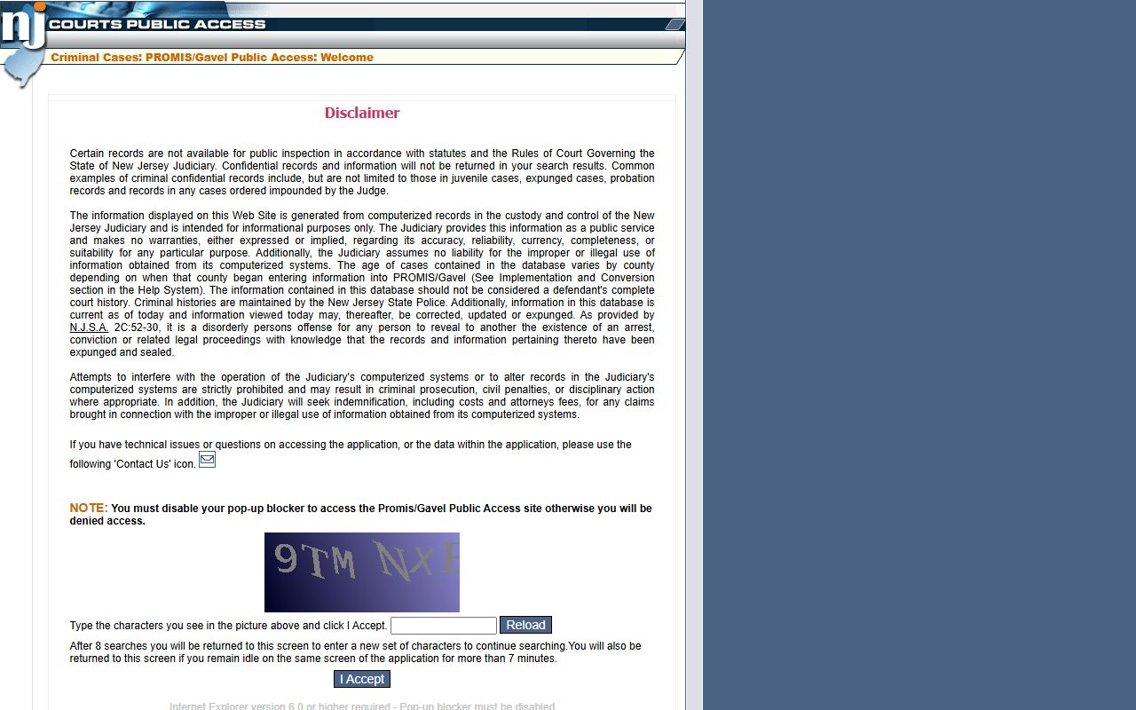 PROMIS/Gavel criminal public access portal for Atlantic County court dockets