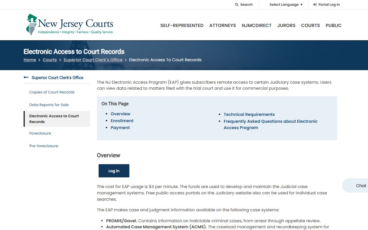 NJ Courts Electronic Access Program page showing Atlantic County court records systems