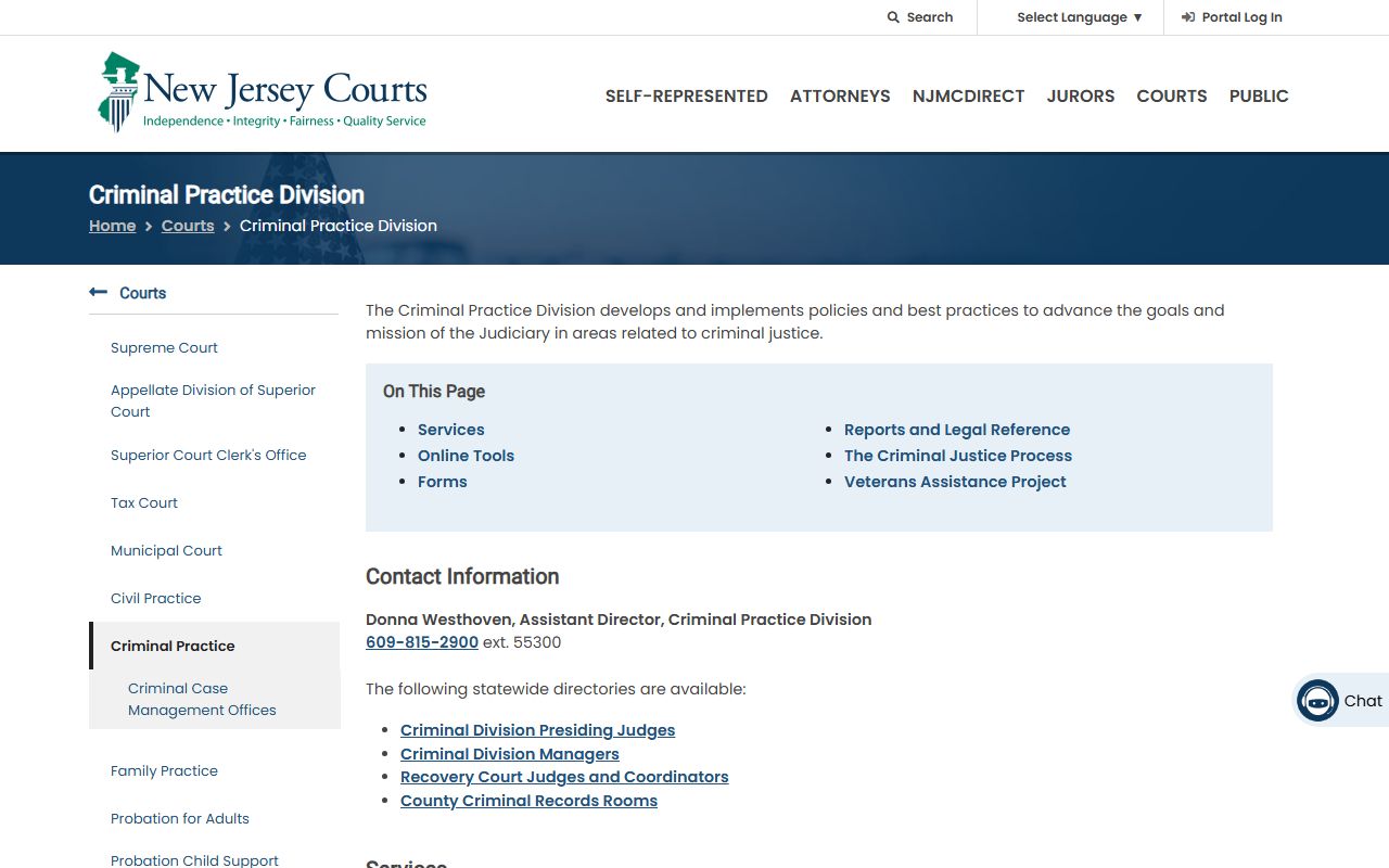 NJ Courts Criminal Practice Division page showing Atlantic County criminal records resources