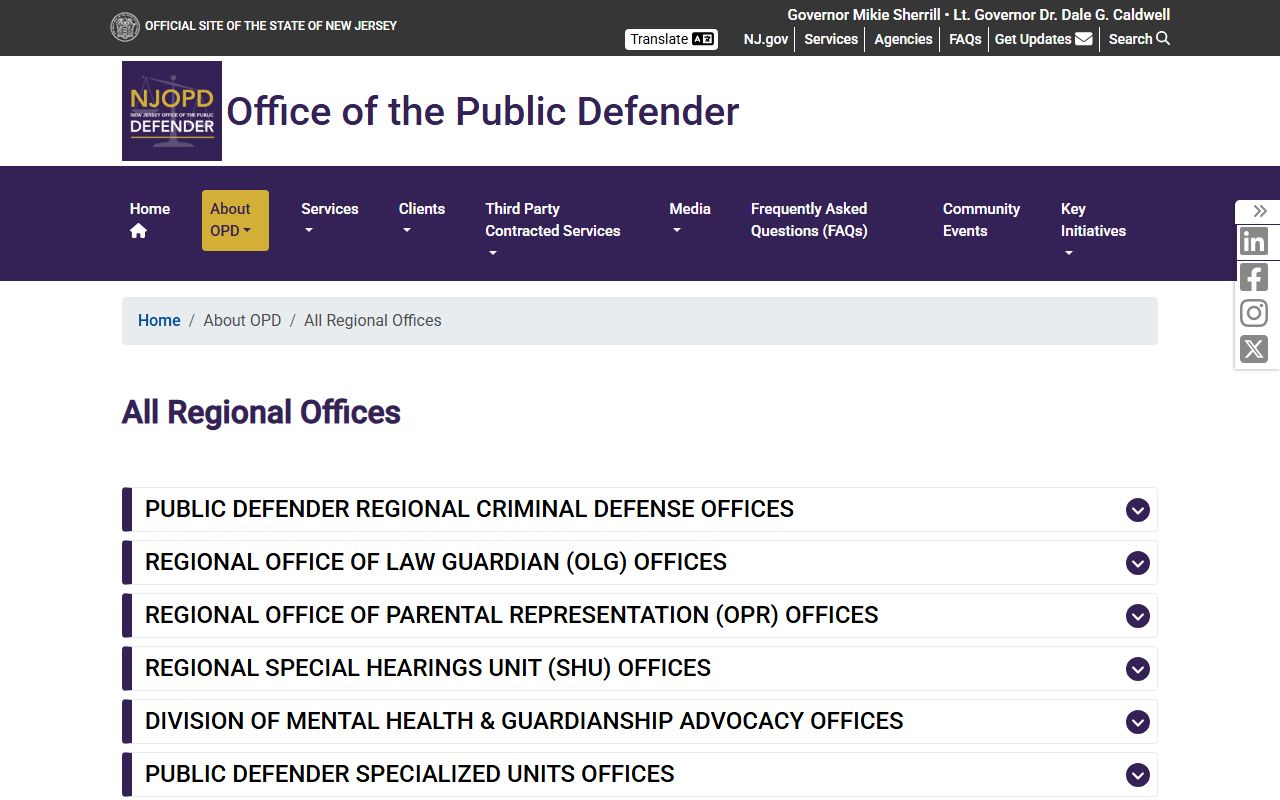 NJ Office of the Public Defender regional offices page listing the Atlantic County criminal records assistance location