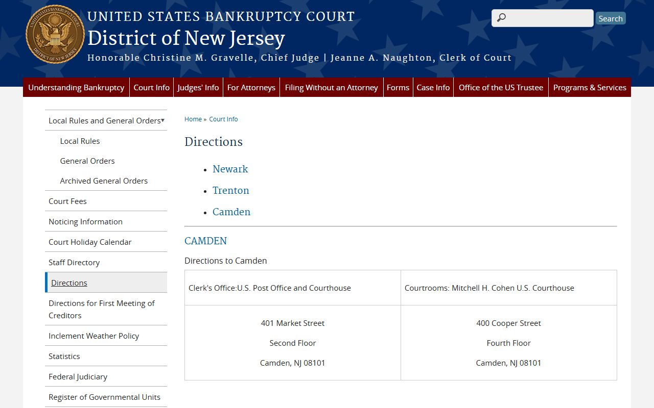 Atlantic County federal court - Bankruptcy Court Camden directions
