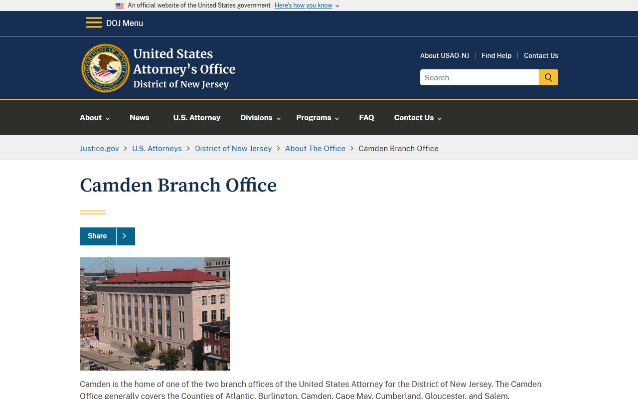 Atlantic County federal court - U.S. Attorney Camden Branch Office serving Atlantic County