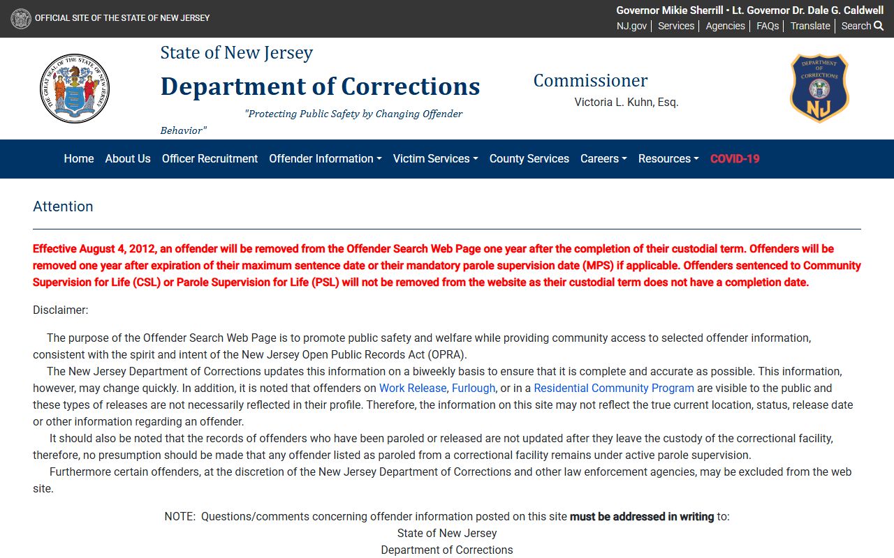 NJDOC offender search disclaimer page for Atlantic County inmate records