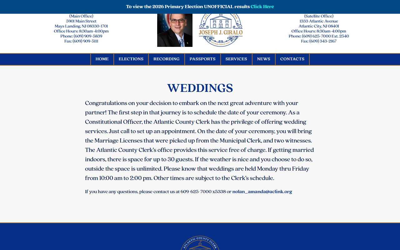 Atlantic County Clerk wedding ceremonies page for Atlantic County marriage and divorce records