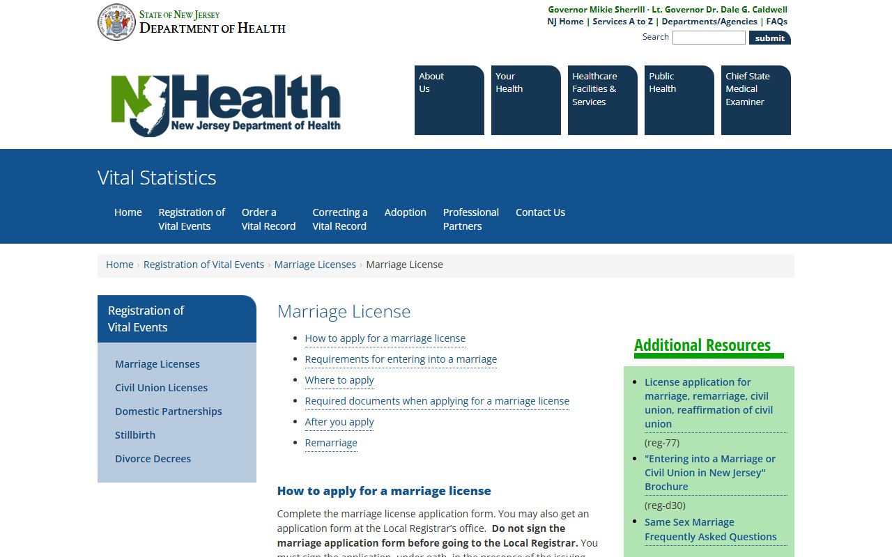 NJ Department of Health page showing Atlantic County marriage and divorce records requirements