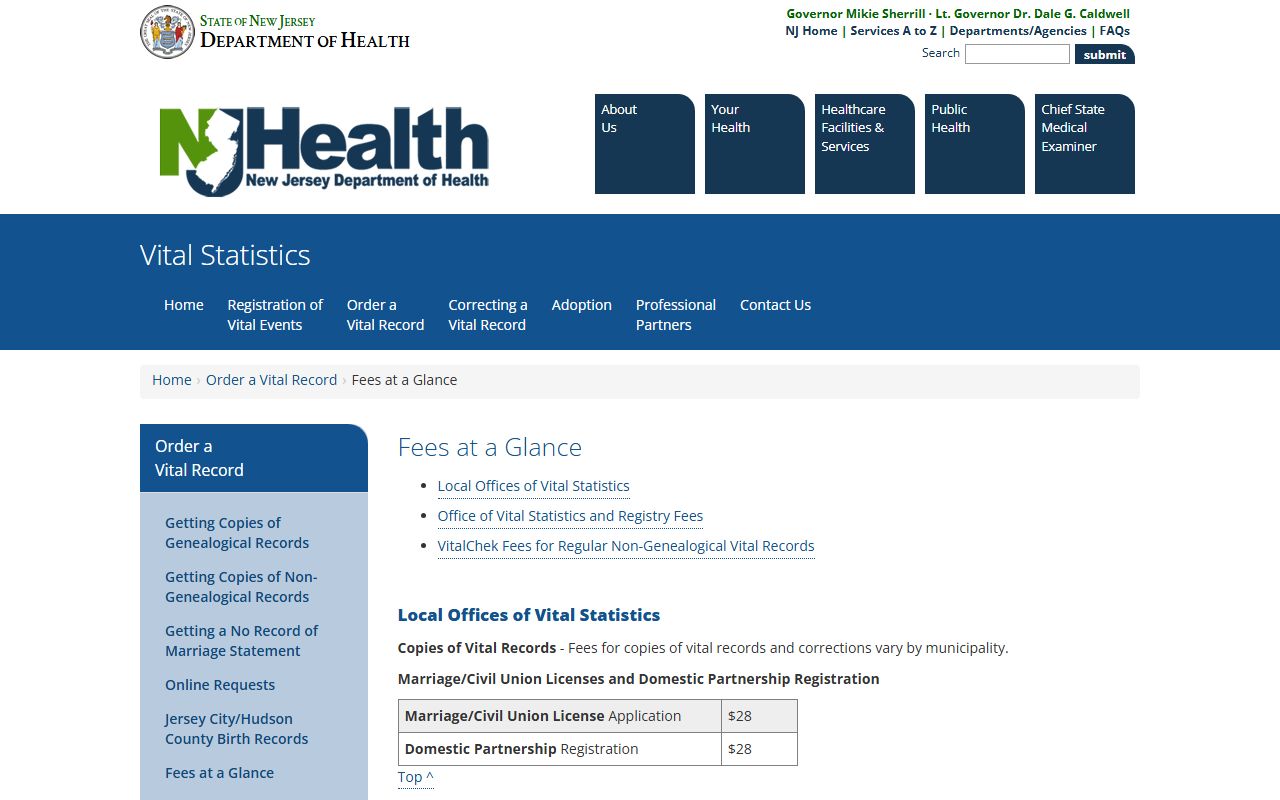 NJ vital records fees page relevant to Atlantic County marriage and divorce records