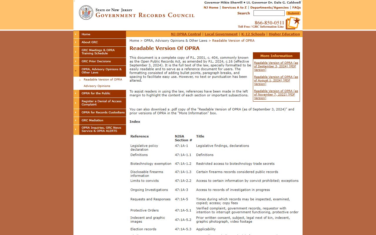 GRC OPRA law page showing the New Jersey statute text for Atlantic County public records