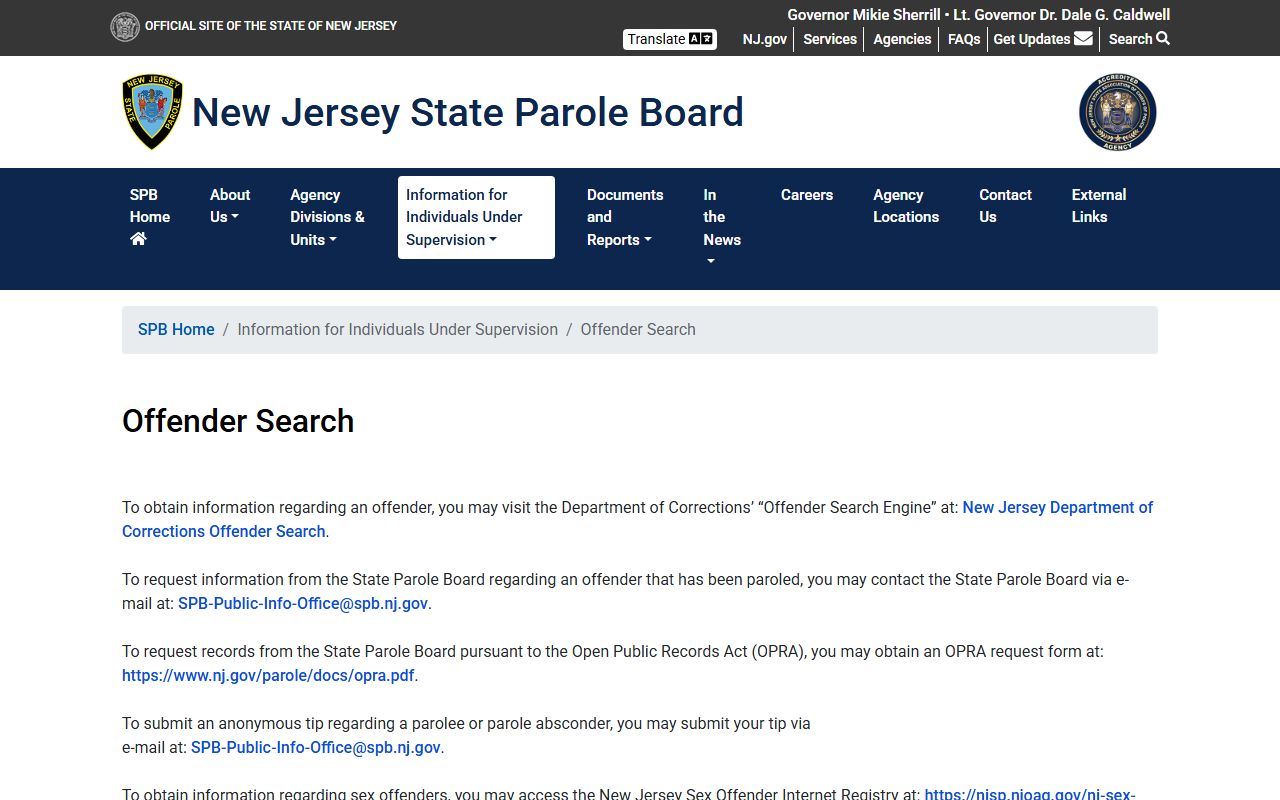 NJ State Parole Board offender search page for Atlantic County released inmates